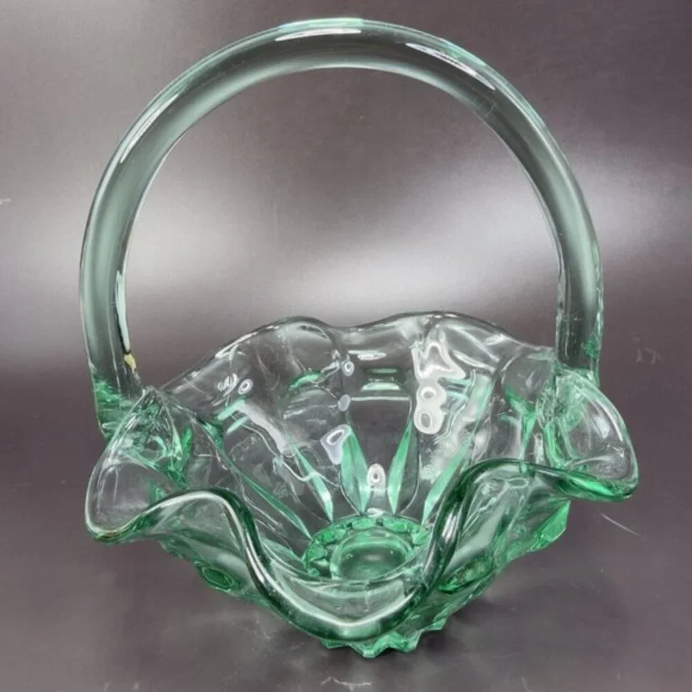 Vintage 1990s Fenton Sea Mist Green Glass Basket Ruffle‎ Edge Bowl W Handle VTG
